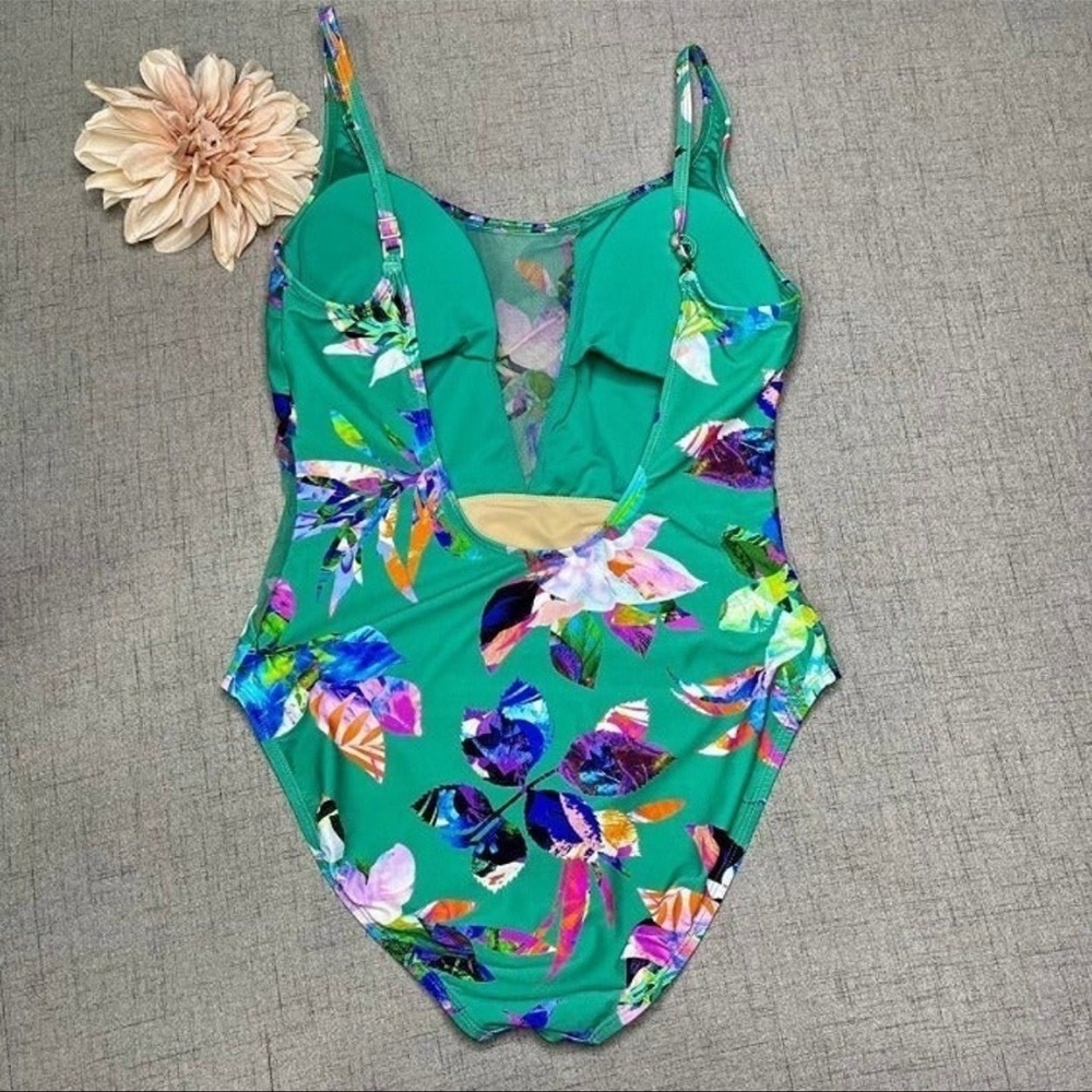 La Blanca Havana Tropics Mesh Plunge One Piece Swimsuit 12 Large Green - Picture 11 of 12